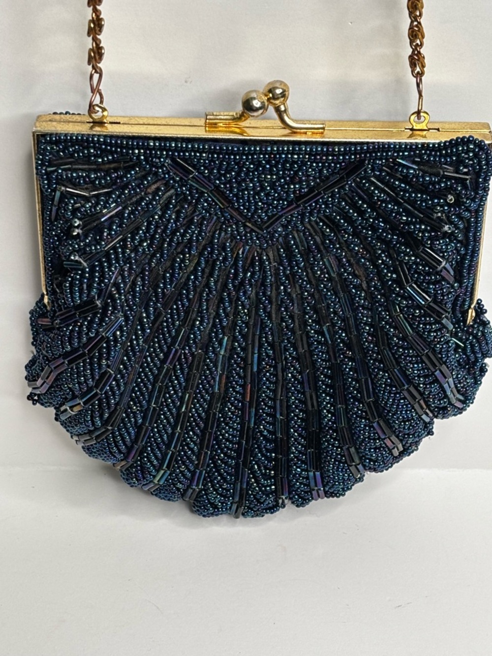Vintage Evening Clutch Navy Blue Beaded Purse Kiss Lock Gold Chain Strap